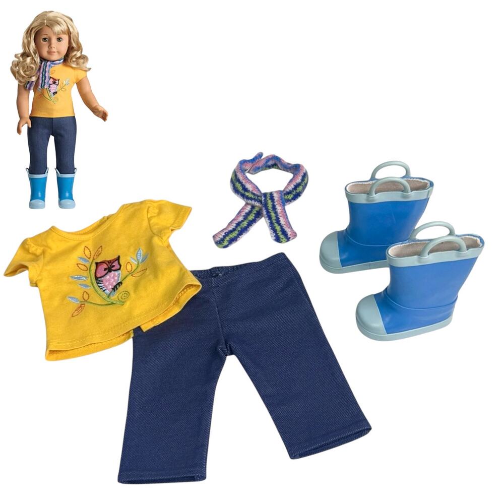 American Girl Lanie Nature Outfit Embroidery Top Pants Rubber Rain Boots Scarf
